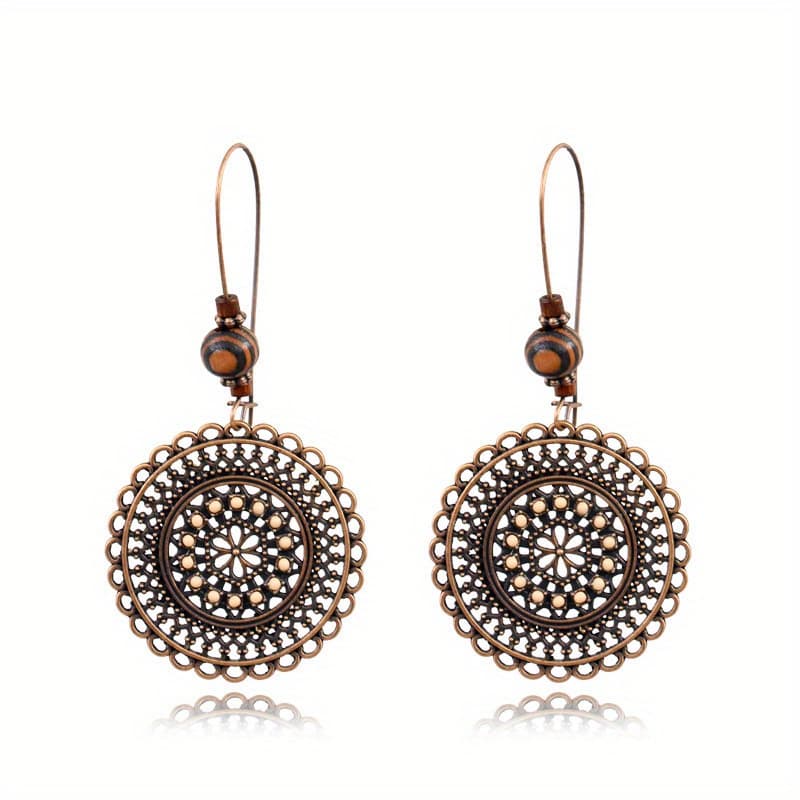 TEMU Vintage Round Shape Carved Flower Pattern Dangle Earrings Retro Bohemian Style Alloy Jewelry Trendy Holiday Earrings