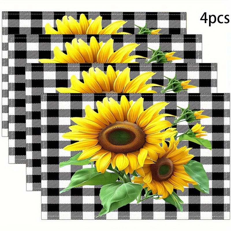 TEMU 4-pack Sunflower Placemats, Modern Linen Table Mats, Heat-resistant Dining Pad, Checkered Pattern, Square, Machine Washable, Home Kitchen Decor
