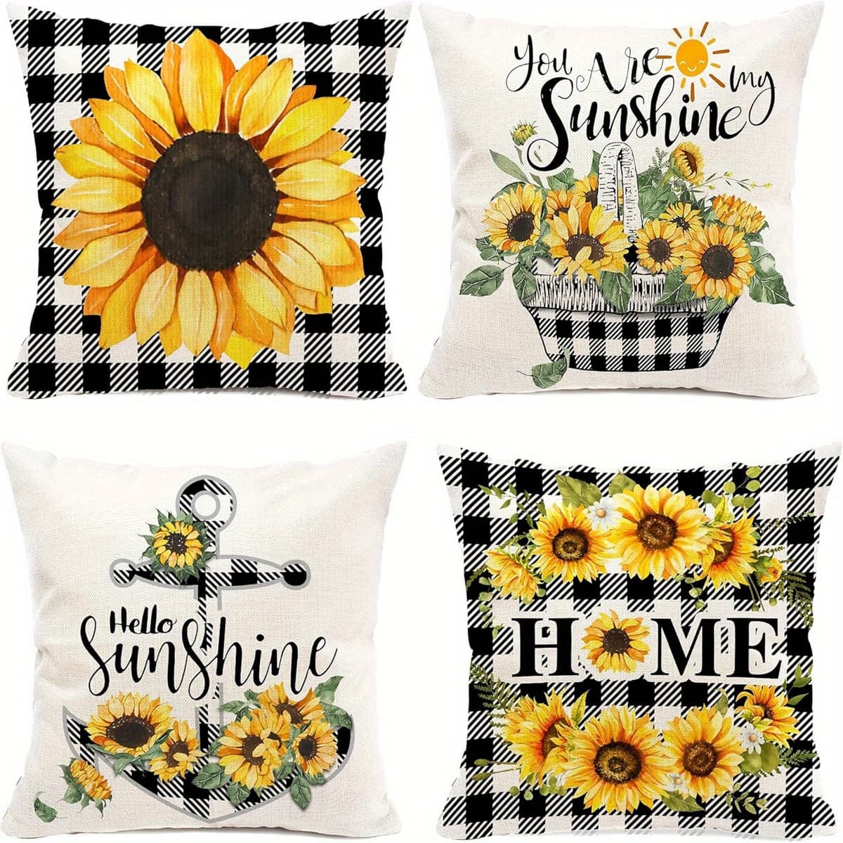 TEMU 4pcs/ Set, Sunflower Pillow Cover 18x18in Set Of 4, Black Plaid Throw Pillow Cover, Farmhouse Sunflower Decor For Home Outdoor Sofa Couch, Fall Flower Pillow Case (no Insert)