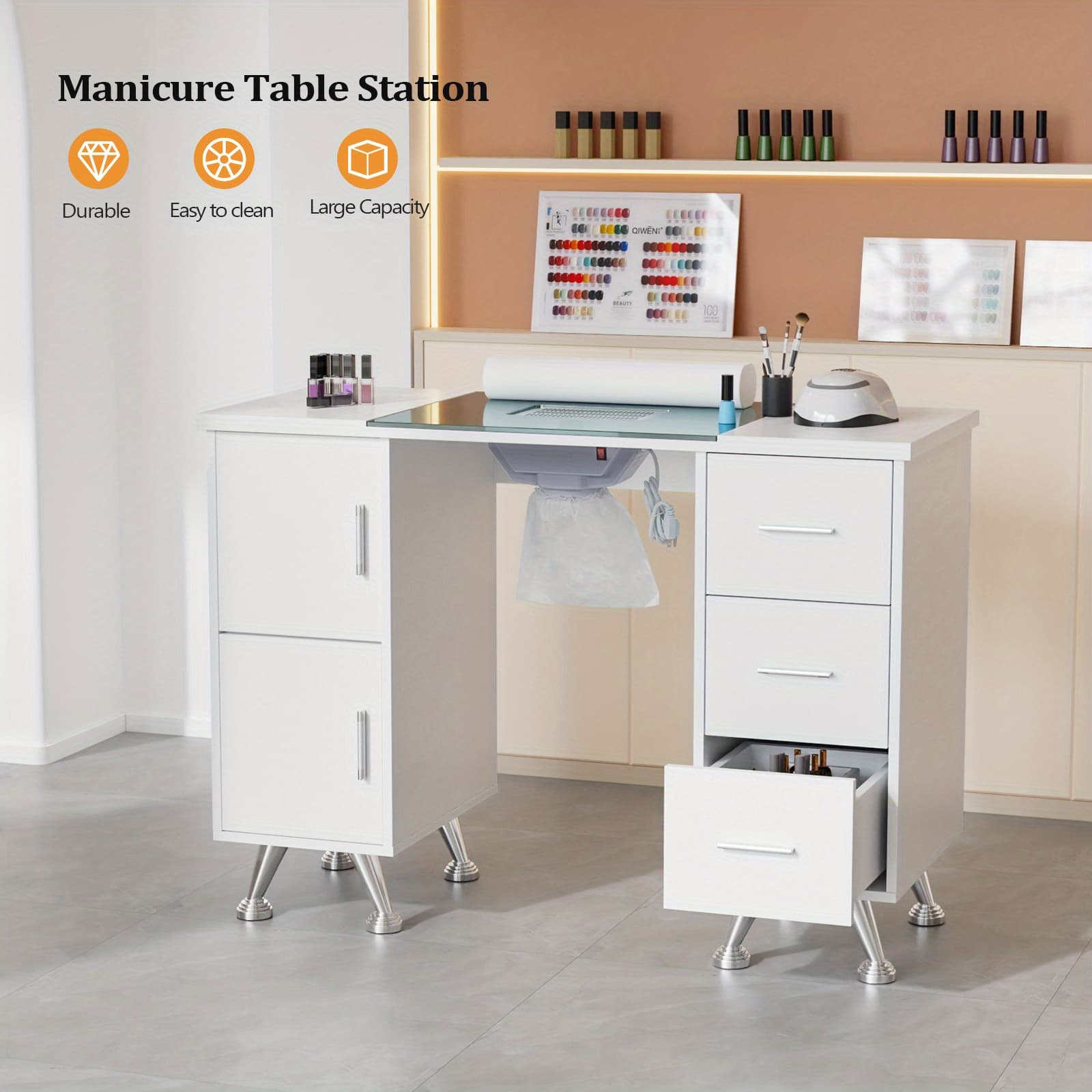 TEMU Manicure Table Nail Desk For Nail Tech W/ Glass Top & Wrist Rest, Nail Supplies Decor Workstation Acetone Resistant W/ 2 Side Cabinet+3 Drawers-white