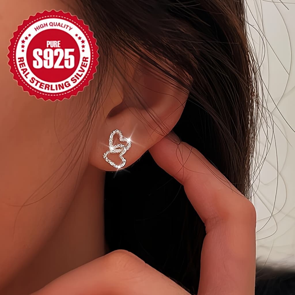 TEMU Elegant 925 Sterling Silver Heart Stud Earrings - Hypoallergenic, Minimalist Style, Or Parties, Ideal Day Gift, , Fashion Jewelry, Elegant Style,