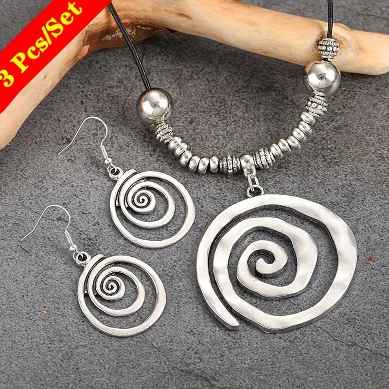 TEMU 3pcs/ Set Retro Women's Bohemian Silvery Plated Earrings And Necklace Jewelry Set Suitable For Daily Wear And Anniversary Perfect Gift Jewelry