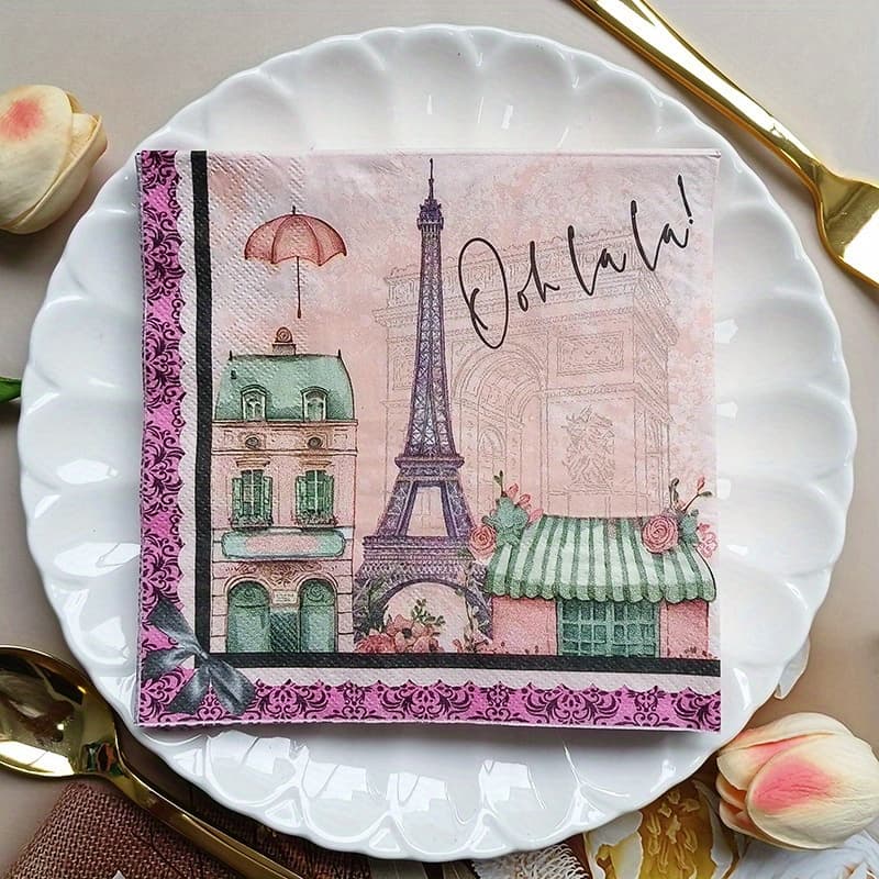 TEMU 20pcs Paris Printed Napkins - Double-layered, Disposable Paper Towels For Parties, & Home Decor