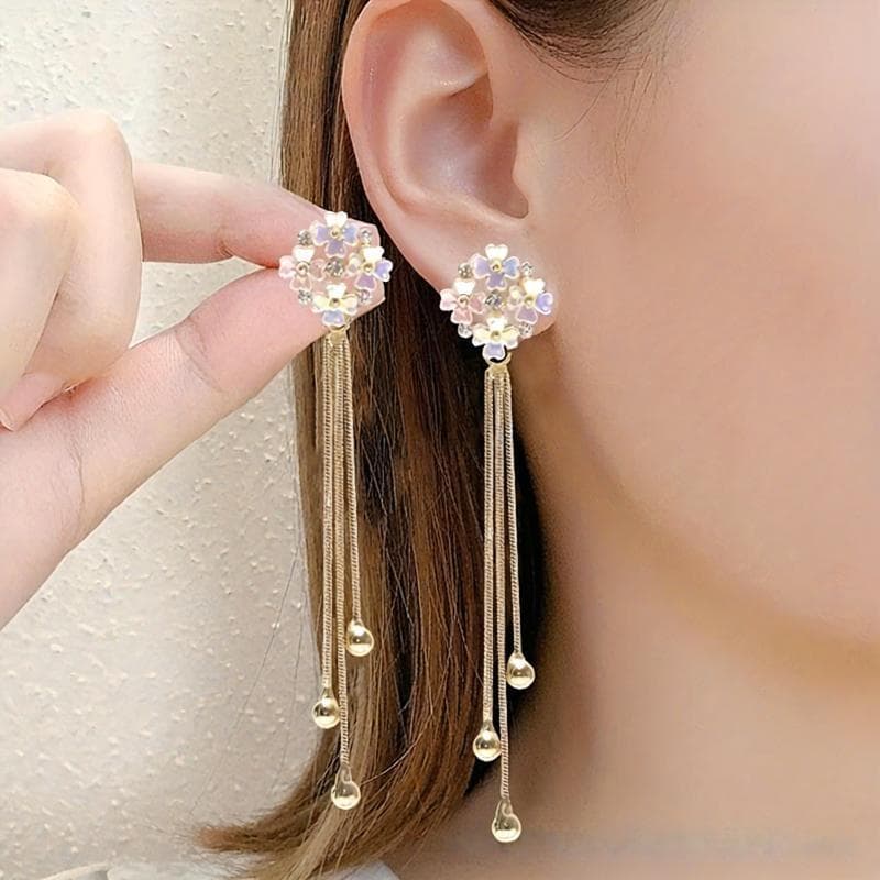 TEMU Golden Tassel Flower Earrings With Colorful Gemstones And Stainless Steel, With Texture Suitable For Daily Wear At