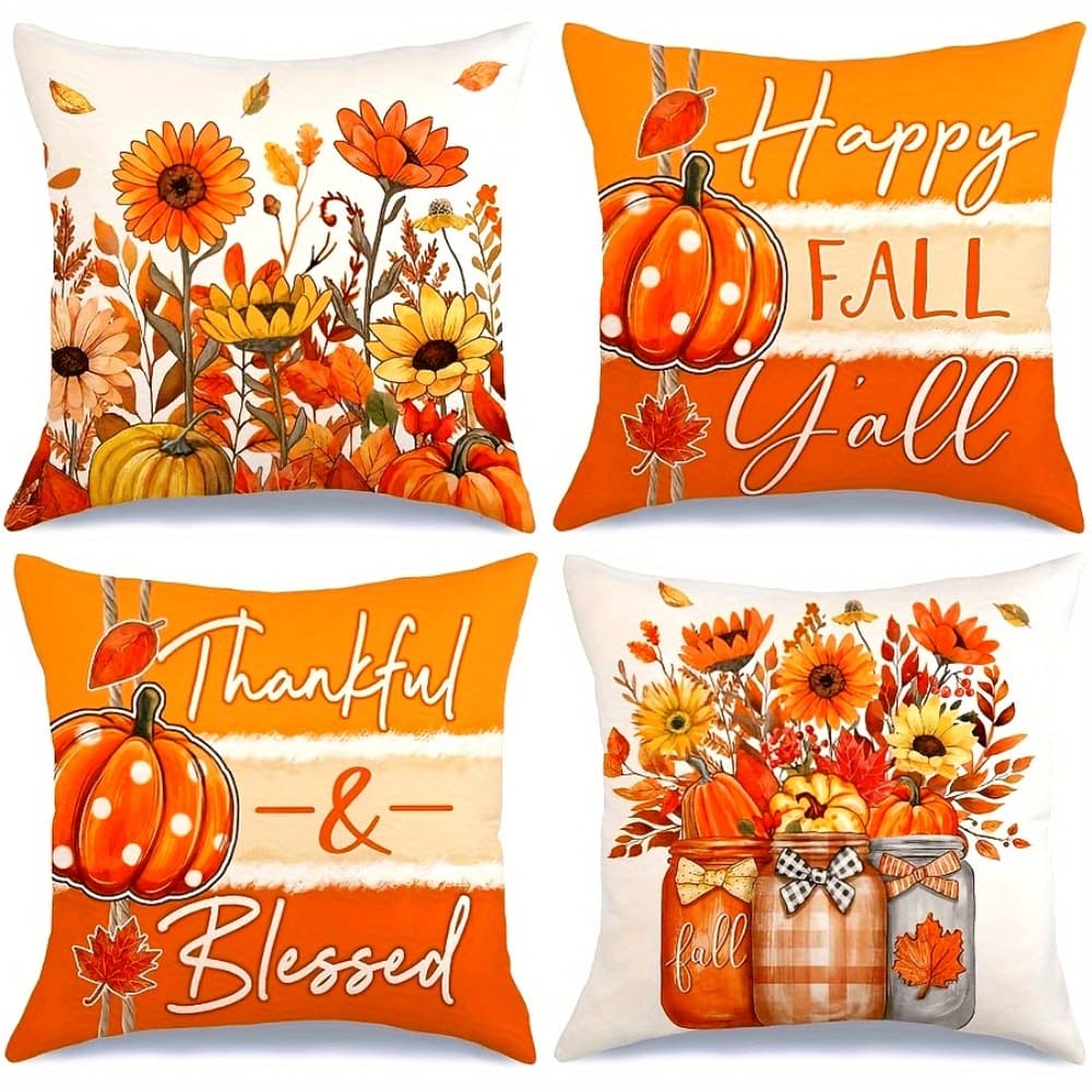 TEMU 4pcs Fall Thanksgiving Throw Pillow Covers - Rustic Farmhouse Decor With Pumpkin, Floral And Mason Jar Patterns - Polyester, Zipper Closure - Perfect For Fall Homes And Living Rooms, No Inserts