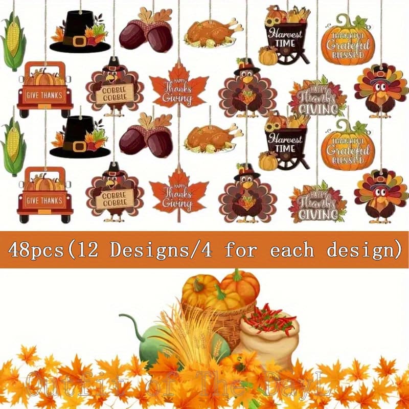 TEMU Set Of 48 Wooden Decorations For Thanksgiving Featuring Turkeys, Pumpkins, , And Trucks, Designed For Hanging On Trees. Perfect For Autumn-themed For Home Parties, Complete With Hemp Rope