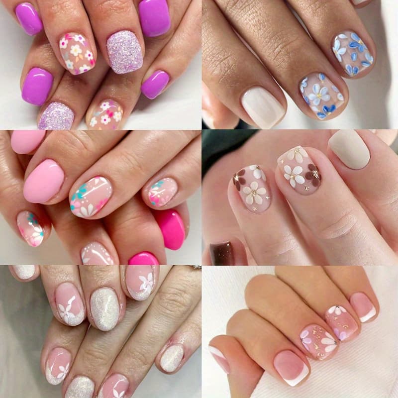 TEMU 144pcs (6 Pack) Press On Nails Short Square Fake Nails Acrylic Nails Full Cover False Nails With Flower Designs Artificial Nails Press On Nails Glossy Glue On Nails Short Stick On Nails For Women