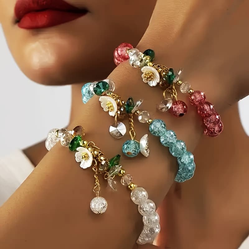 TEMU 3-piece Set Of Exquisite Flower Beads Design Cute Bracelets With Bohemian , And Exquisite Friend Bracelets, Women Bracelet, Gift For Her