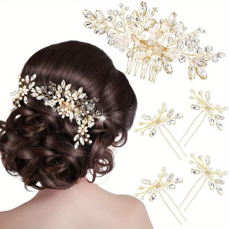 TEMU 5pcs Sparkling Wedding Hair Clips With Artificial & Rhinestones - U-shaped Side Combs For Braids, Buns, Updos - Bridal Hair Accessories Suitable For Weddings, , Banquets
