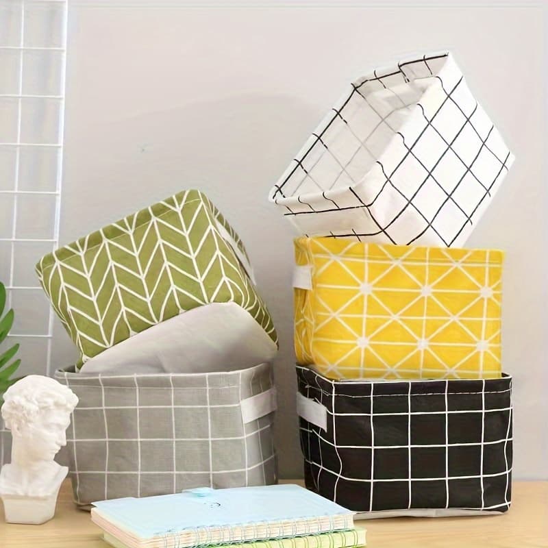 TEMU 5pcs Foldable Storage Basket Set, Kitchen Organization Canvas Containers Fabric Shelf Bins, With Handle Waterproof Storage Bag For Desk Storage Home Decor Sundrie, Outdoor, Travel, Camping