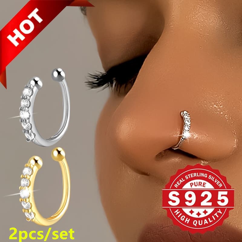 TEMU 2pc Bohemian Faux Nose Ring, 925 Sterling Silver With Cubic Zirconia No Piercing Needed, Fashion Hip Hop Accessory