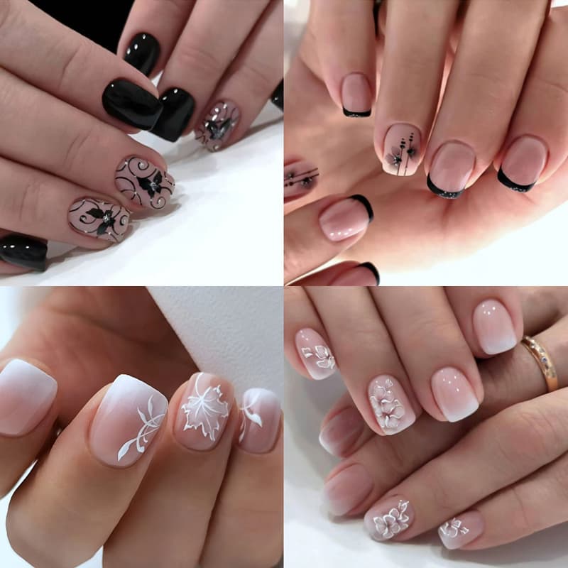 TEMU 96pcs(4pack) Black Nail With Sparkling Rhinestones, Flower Pattern - Short Square, Glossy Surface, Including Jelly Glue And Nail Files, Nail Rhinestones