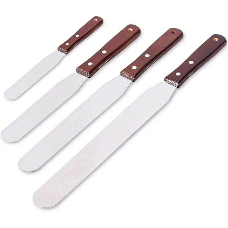TEMU A Set Of 4 Frosting Spatulas With Wooden Handles For Beginners' Cake Decoration Kit Tilted Spatulas For Catering Services Baking Utensils And Tools For Cheese Butter And Cake Decoration