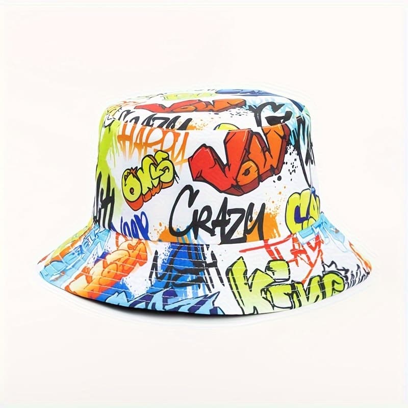 TEMU Graffiti Print Bucket Hat - Funky Style, For Outdoor Activities & Fishing