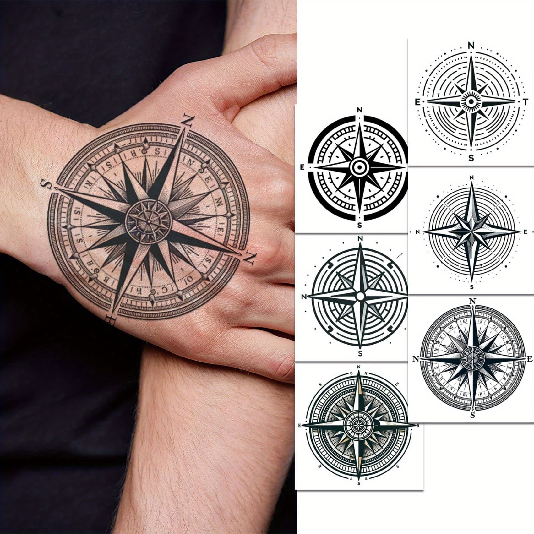 TEMU Set Of 6 Temporary Tattoos Featuring Compass Designs, Perfect For Adult Party Favors And Body Art