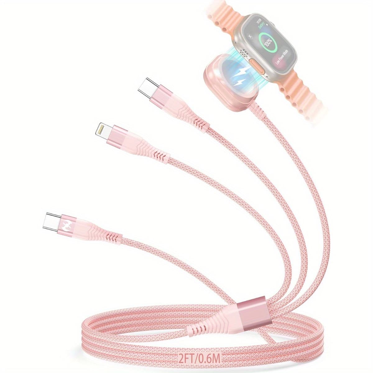 TEMU Watch Charger, Multi Charging Cable 2ft Travel Essentials Nylon Braided Lightning Usb C/ Type-c Cord Watch Wireless Charger 3 In 1 Charging Wire Universal For Iphone