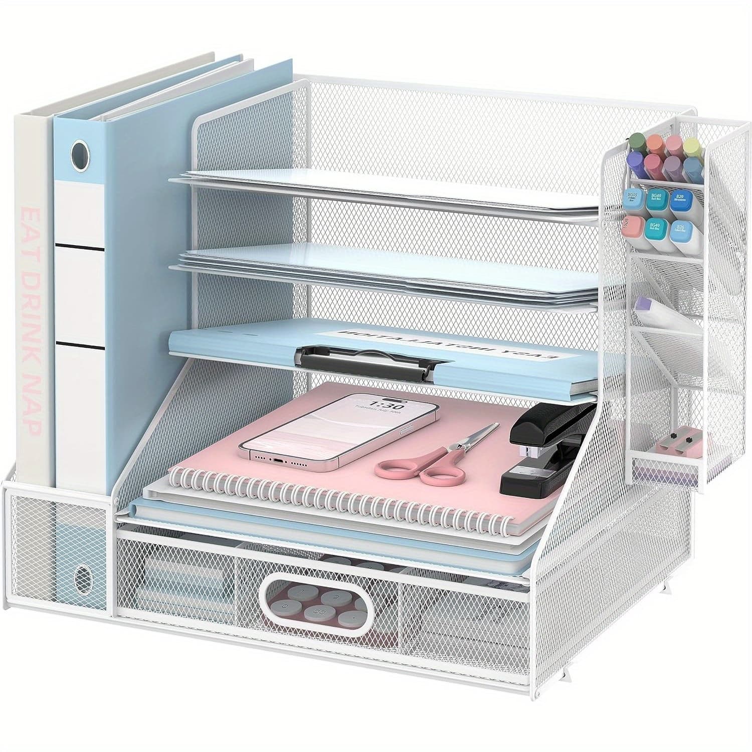 TEMU Supeasy 5-tier Desk Organizer, Paper Letter Tray Organizer, File Sorter With Pen Holder And Drawer, Desk Organizer And Storage For Office Home, Mesh