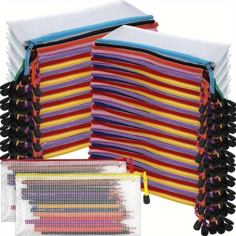 TEMU 10pcs 10-color Mesh Transparent Zipper Bags Office Supplies Pencil Bill Cosmetics Toiletry Organizer