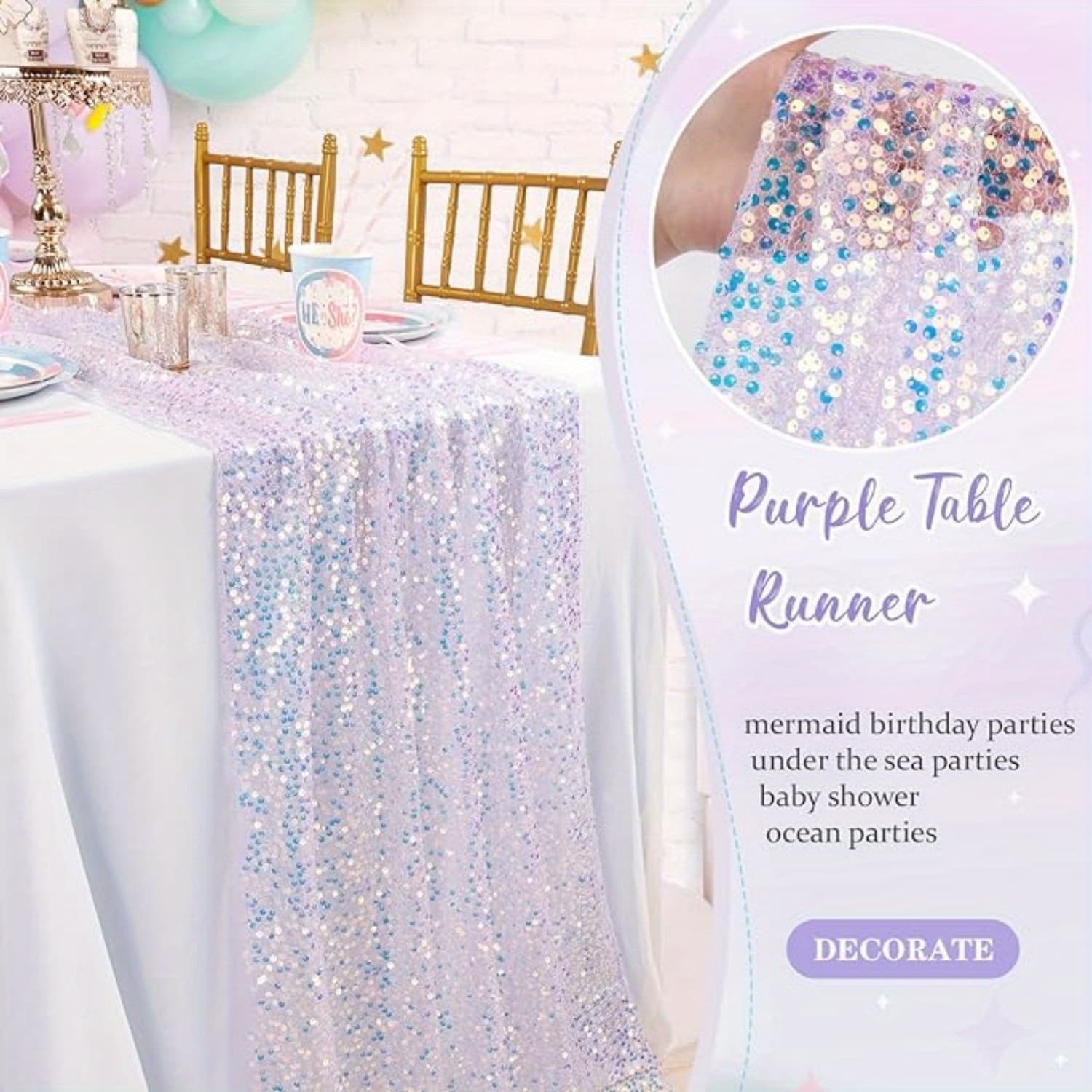 TEMU 1pc Light Purple Mermaid Table Cover 12 X 72 Inches Mermaid Colorful Sequin Table Runner Theme Series Party Decoration Glitter Table Runners