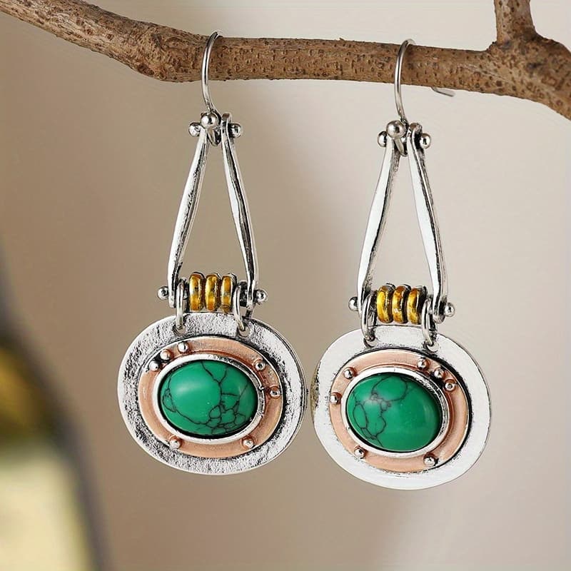 TEMU Vintage Geometric Synthetic Turquoise Pendant Earrings Bohemian Hook Earrings For Women's Everyday Jewelry Additions