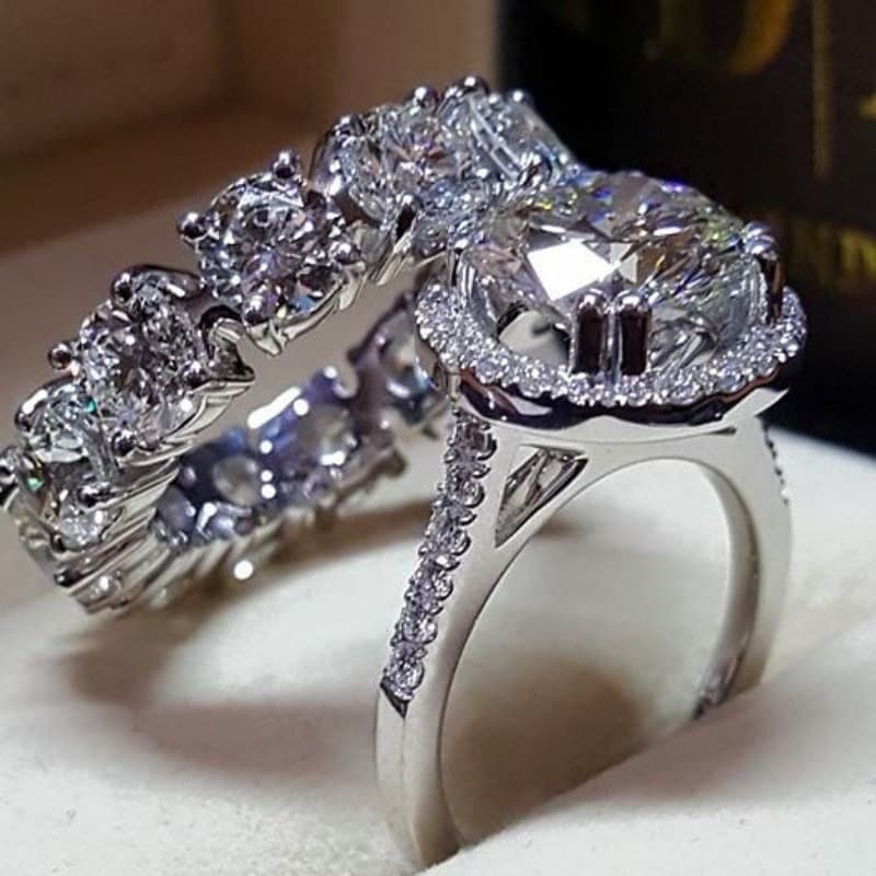 TEMU Elegant 2pcs Set: 4.35ct Round Cut Cubic Zirconia Rings - Vintage Boho Style, Perfect For Engagement & Casual Attire, Ideal Christmas Gift