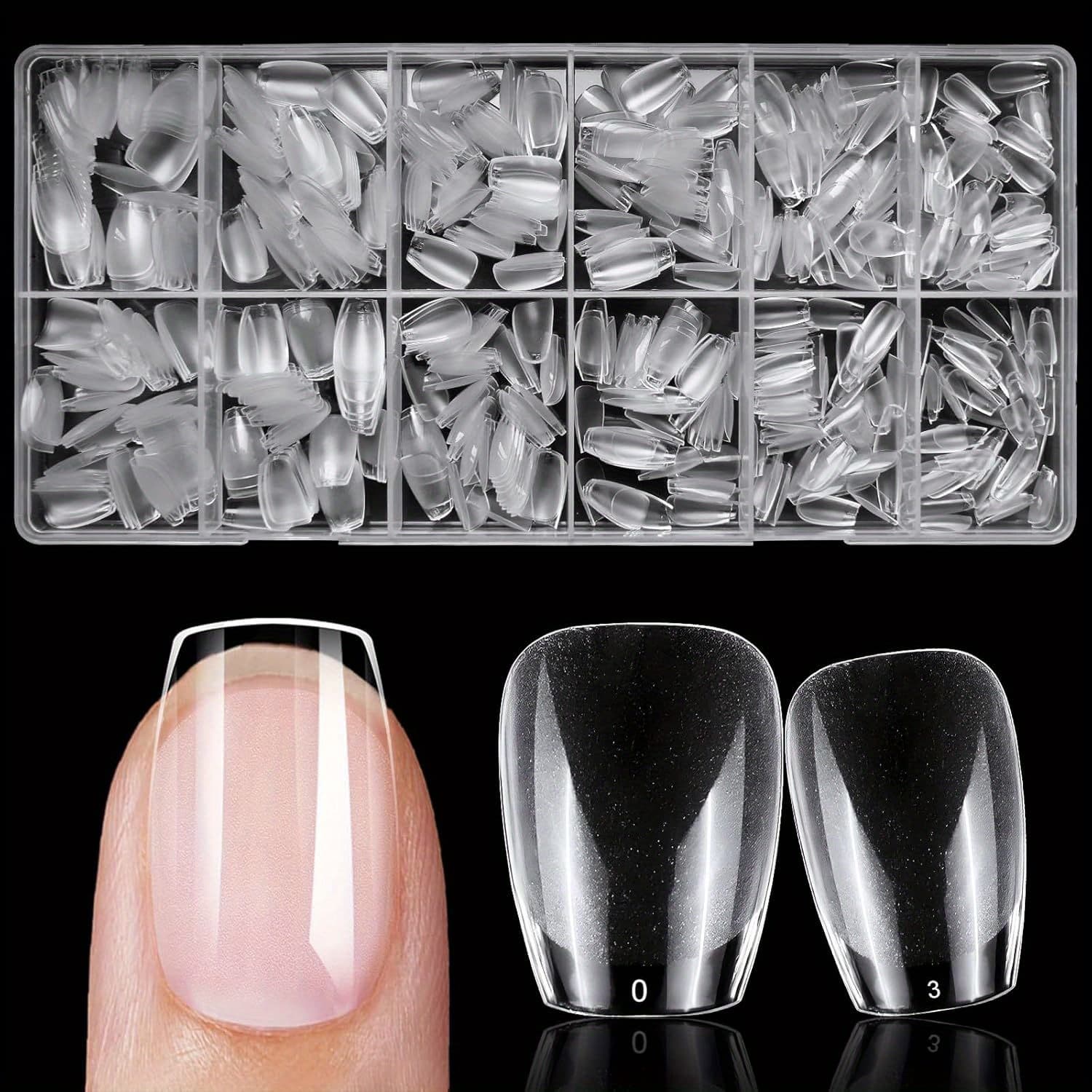 TEMU 600 Short Ladder Nail Tip Kit - 12 Sizes, Full Coverage Soft Gel Nails, Clear And Black Matte Acrylic Fake Nails, , Perfect For Diy Nail And Salon Use, Nail Accessories