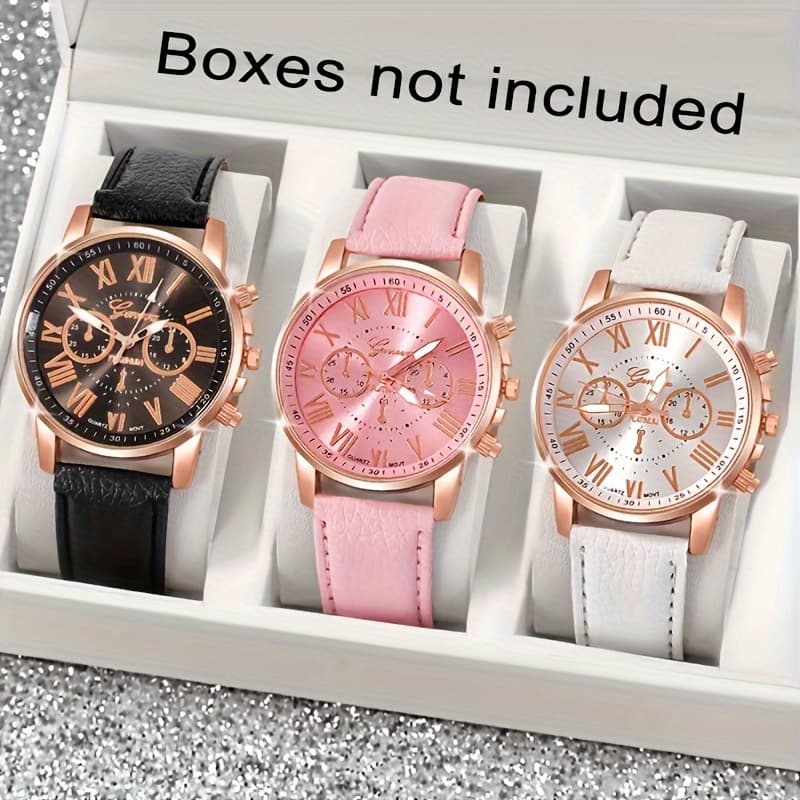 TEMU Set Of 3 Stylish Roman Numeral Quartz Watches For Women - Trendy Round Face , Ideal Gift Suggestion