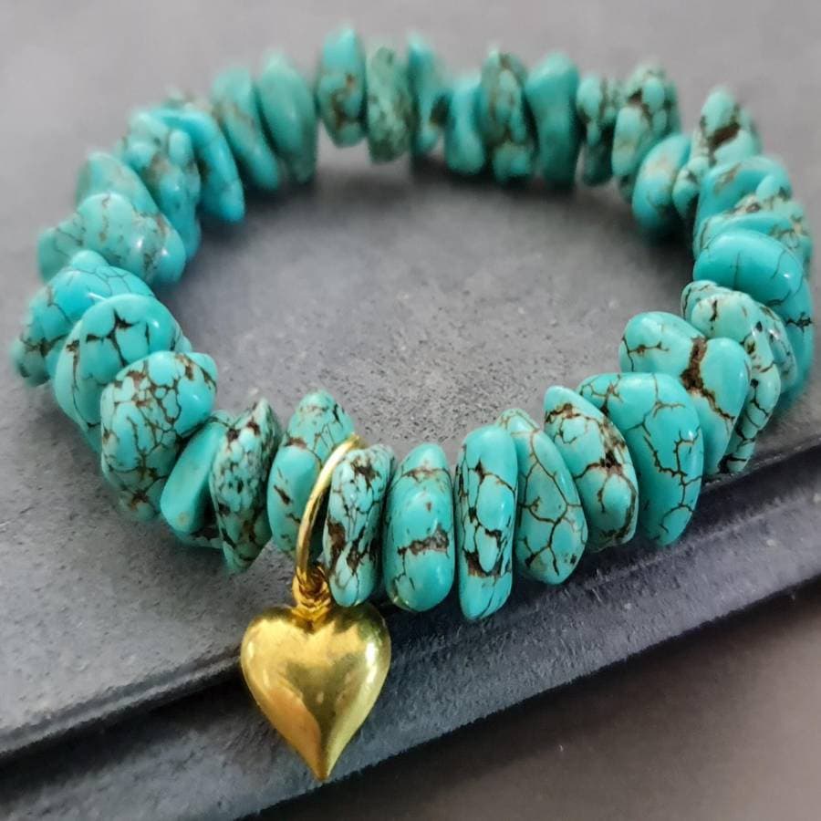 TEMU Handmade Natural Turquoise Elastic Cuff Bracelet With Heart-shaped Jewelry, Bohemian Style Unisex Jewelry