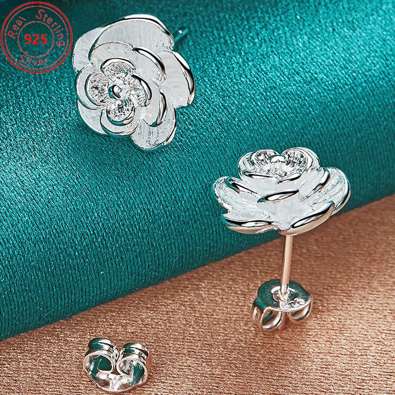 TEMU 1 Pair Of S925 Sterling Silvery Rose Stud Earrings - Hypoallergenic - Elegant Temperament Casual Attire Jewelry Gifts For Ladies