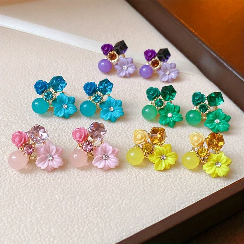 TEMU 10pcs Retro Purple Flower Earrings With , Elegant And Delicate Studs, Whimsical Accessory, Glossy Finish Jewelry