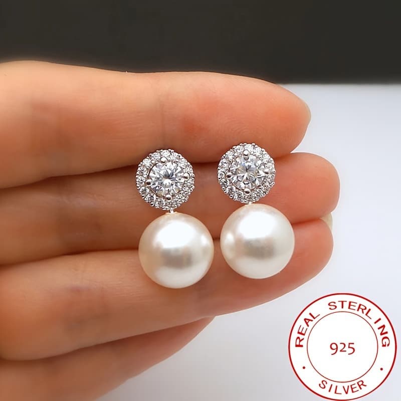 TEMU Hypoallergenic Stud Earrings With Pearl & Zirconia Inlaid Elegant Vintage Style For Women Party Earrings