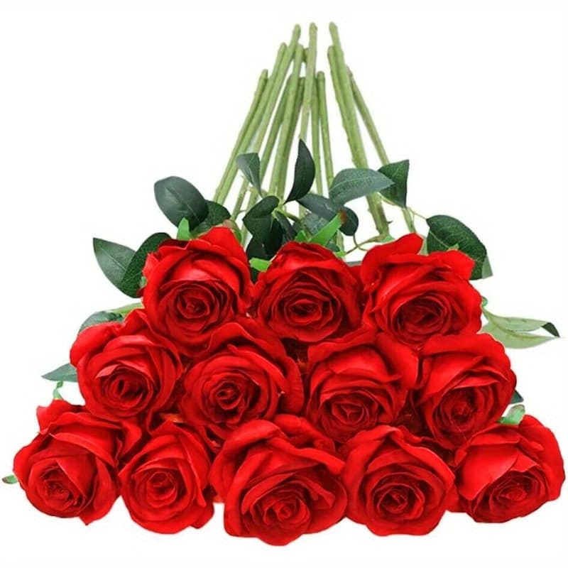 TEMU 12pcs Realistic Silk Red Roses Bouquet - Single Long Stem Artificial Flowers For Party, Wedding Centerpiece, Home Decor, Office, And Christmas Diy Arrangements