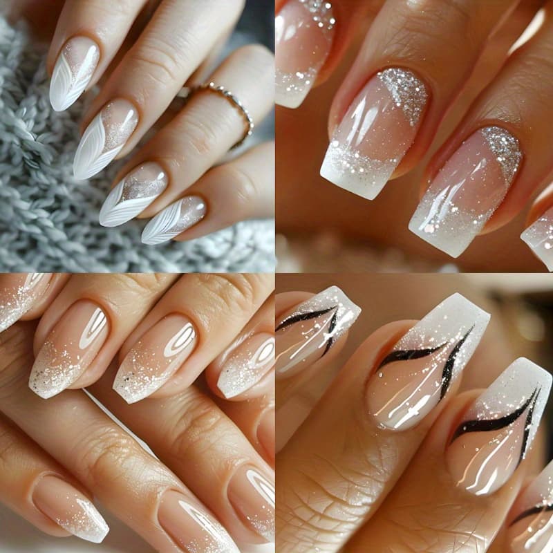 TEMU 96pcs (4 Packs) White French Nail Press Almond Square Fake Nail Strap Design With Sparkling Fully Covered Acrylic Adhesive Nail Artificial Nail Suitable For Women's Nail Art