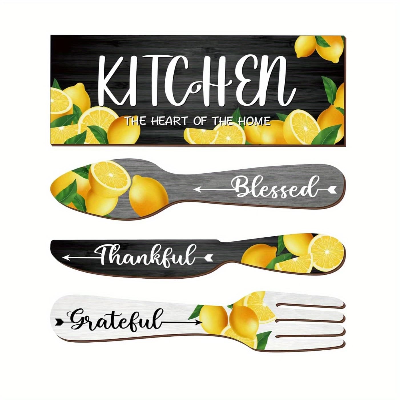 TEMU 4pcs Lemon Kitchen Decor Eat Sign Set Fork And Spoon Summer Lemon Wooden Hanging Wall Decor Country Farmhouse Kitchen Summer Lemon Wall Art Sign For Dining Room Home Decor