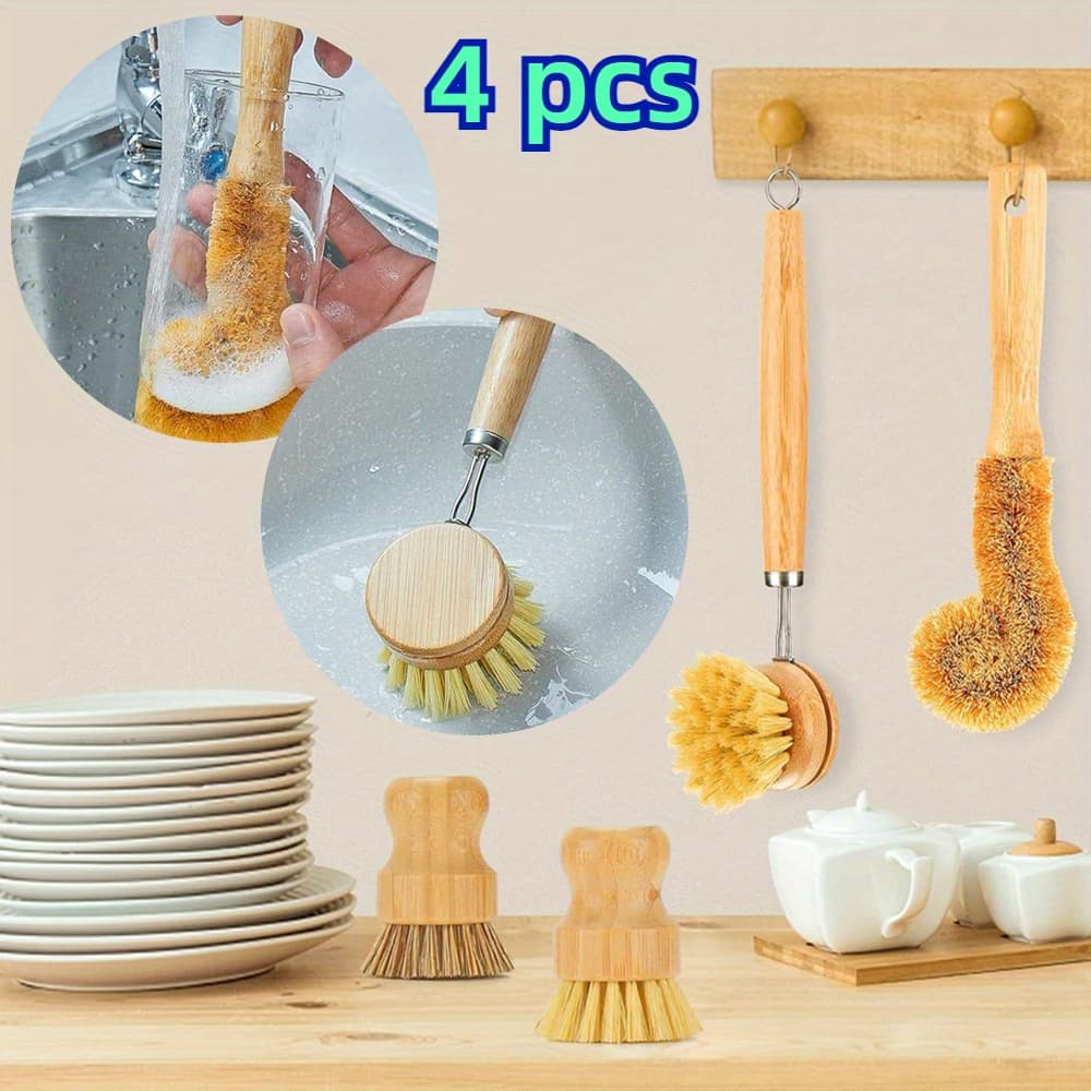 TEMU 4pcs Combination Upgraded Kitchen Cleaning Supplies Kitchen Cleaning Dishwashing Brush Strong Cleaning Effect Natural Bristles Dishwashing Brush Durable Bristle Brush For Cleaning Pots And Pans.