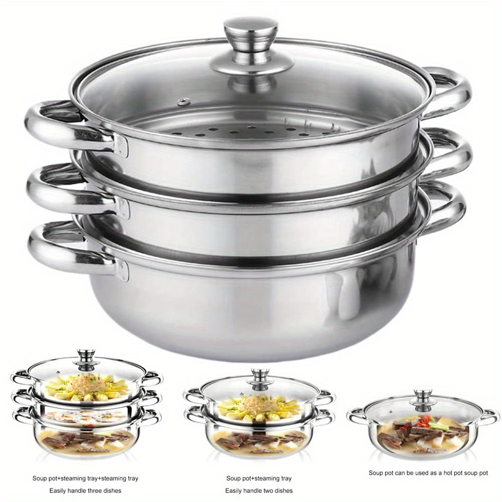 TEMU 3-tier Steamer Pot For Cooking With Lid Stainless Steel Steamer Cooker Multipurpose Food Steamer For Vegetable Dumpling Stock Sauce Food
