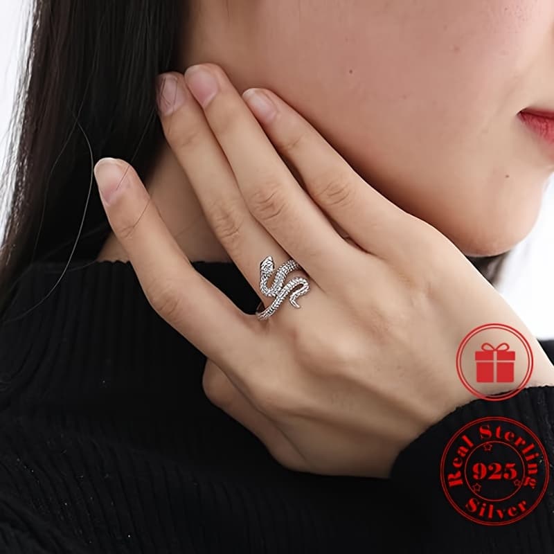 TEMU 1pc Animal Theme Snake Punk Style 925 Sterling Silver Adjustable Finger Ring Jewelry With Gift Box