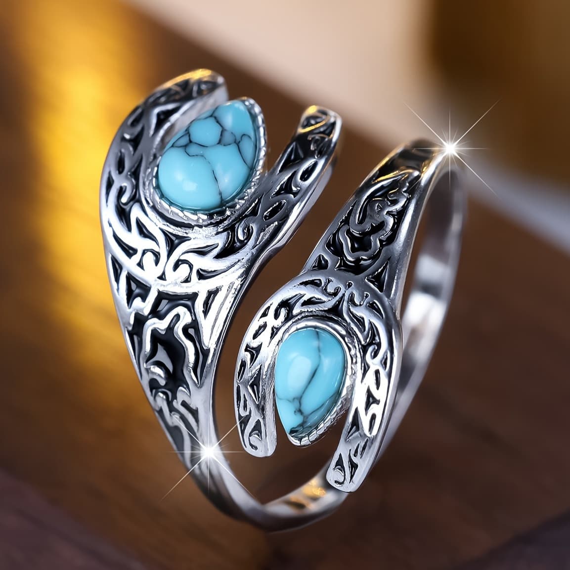 TEMU A Vintage Spoon Ring Made Of 925 Sterling Silver, Featuring Intricate Carvings And A High-quality Turquoise , Perfect As An Engagement Or Wedding Gift For Special, Complete With A Gift Box