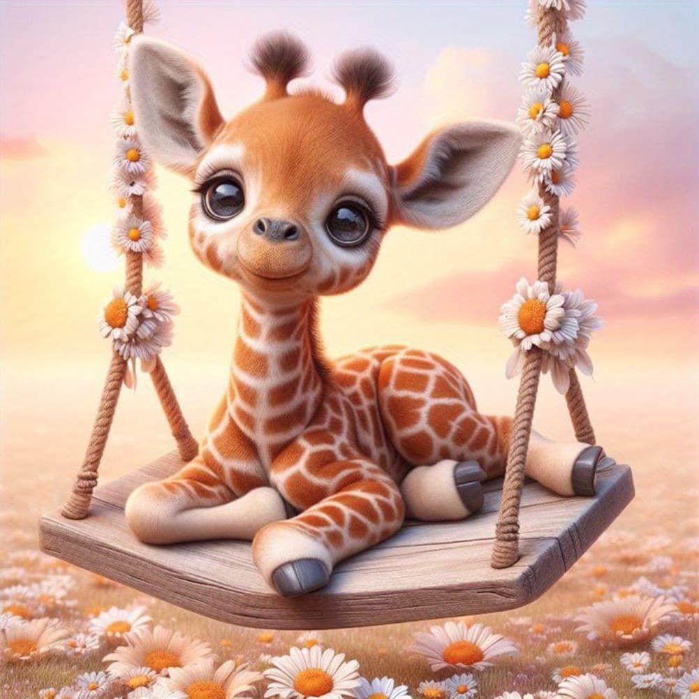 TEMU 5d Diy Diamond Painting Kits Suitable For Adults & Beginners - Giraffe On Swing Round With 5d Round Diamonds, Complete Craft For Home Wall Decor, Giraffe Swing Picture, For Adults & Hobbyists