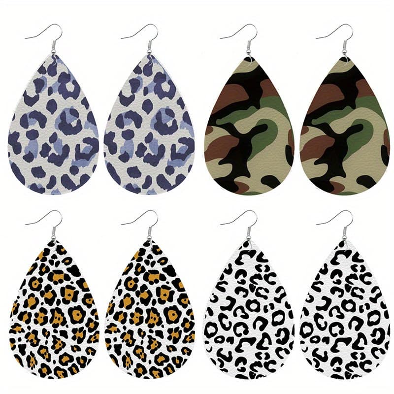 TEMU 4 Pairs Of Vintage Boho Leopard Camouflage Print Teardrop Earrings, Leather Drop Dangle Hook Earrings, Versatile For Casual, Party & Gifting, All Accessories