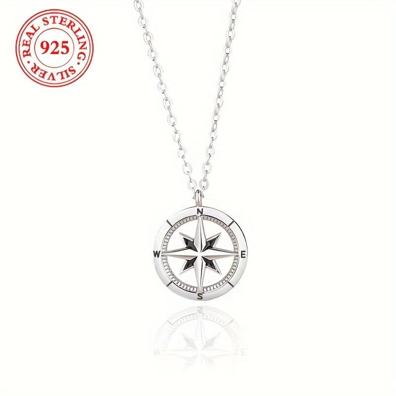 TEMU Exquisite 925 Sterling Silver Geometric Compass Pendant Necklace With Star - Elegant, Dainty, And Versatile Jewelry For Women And Girlfriend - Perfect Gift For Any Occasion