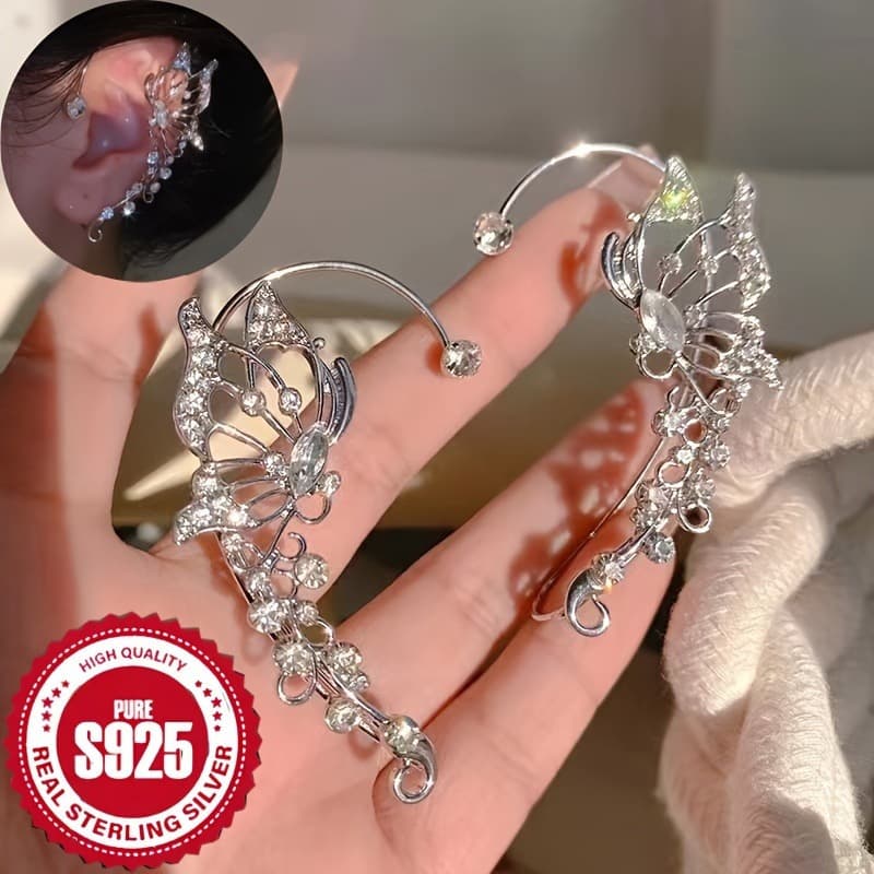 TEMU 925 Sterling Silver Fashionable And Shiny Fairy Earrings, Exquisite And Luxurious Fairy Earrings, Climbers' Unpierced Earrings, Suitable For ' Handmade Fantasy Elf Ears