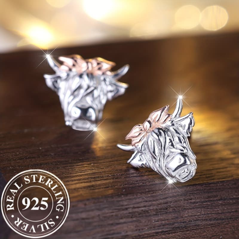 TEMU S925 Sterling Silvery Anti Allergy Earrings, Designed With Bull Heads, Showcasing Retro Sports Earrings For Men/ Women
