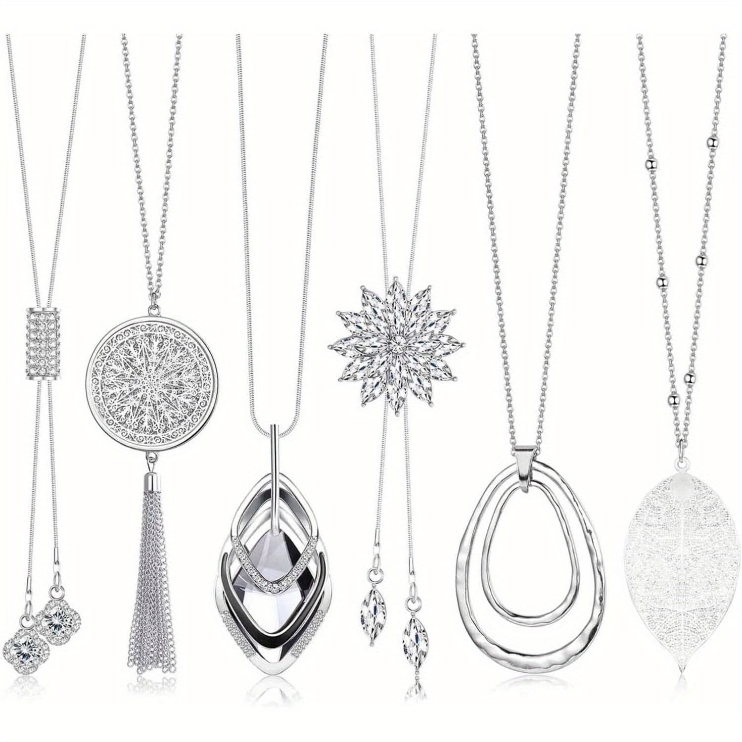 TEMU 6 Pieces Long Pendant Necklace, Women's Long Sweater Necklace, Flower Tassel Round Leaf Sweater Chain Necklace, Women's Y Necklace Set Fashion Jewelry