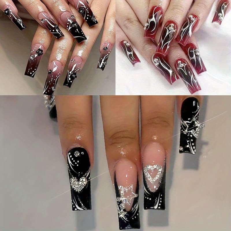 TEMU 72pcs (3 Pack) Black Gradient Glossy Long Square Shape Press On Nails Withflower And Design - Elegant Fake Nails For Women And Girlsperfect For Easter, Parties, And Special Occasions