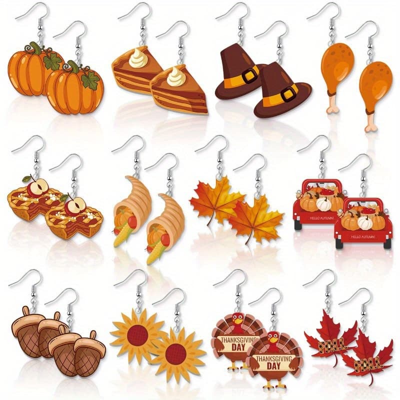 TEMU 8 Pairs, 12 Pairs Of Thanksgiving Fall Earrings For Women, Pumpkin Maple Sunflower Turkey Pine Cone Drop Dangle Earrings Set, Autumn Thanksgiving Jewelry Gifts