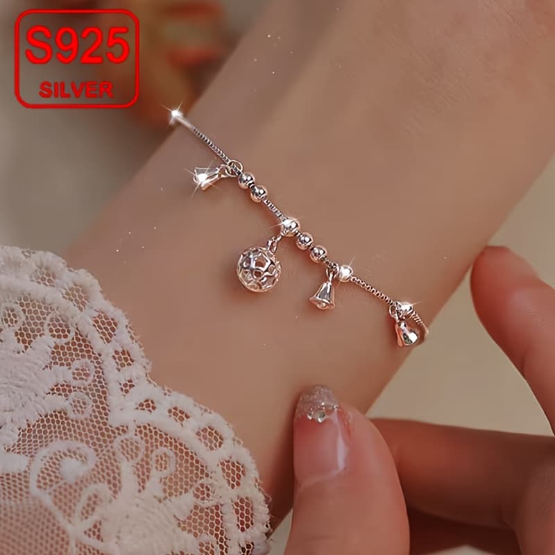 TEMU 1pc Elegant Plated S925 Sterling Bracelet For Women, Fashion Simple Bell Round Ball Charm, Wear Jewelry For Wedding Party Beach Holiday - Christmas & Thanksgiving Gift