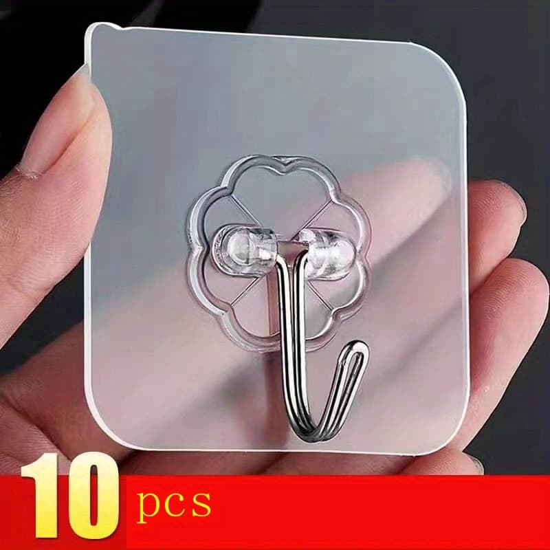 TEMU 10 Self Adhesive Wall Hooks | Waterproof, Metal, Fashion Style, No Drilling Required, Ideal For Bathroom, Kitchen, And Home Storage, Utility Hooks