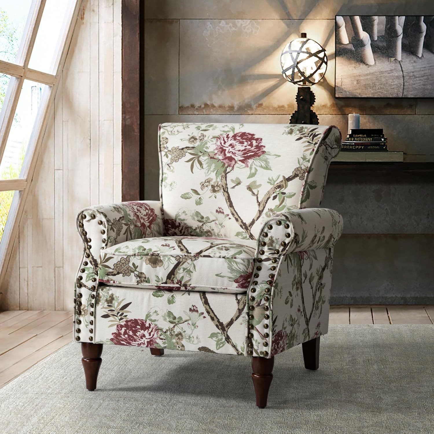 TEMU Modern Wingback Accent Chair With Wood Legs & Removable Cushion, For , Sport Event, Comfy Upholstered Armchair With Trim, Floral Pattern Sofa Chair For Bedroom Living Room, Floral