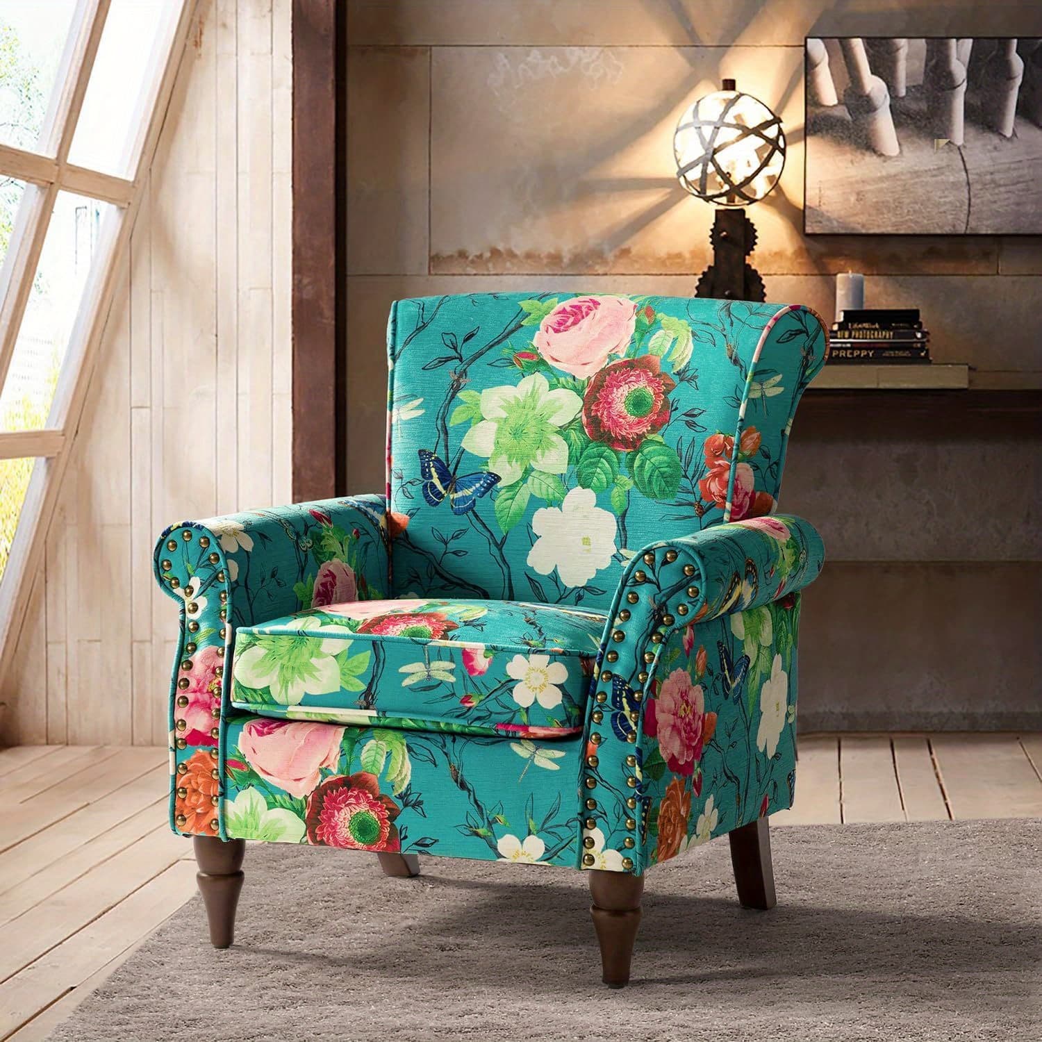TEMU Modern Wingback Accent Chair With Wood Legs & Removable Cushion, For , Sport Event, Comfy Upholstered Armchair With Trim, Floral Pattern Sofa Chair For Bedroom Living Room, Floral